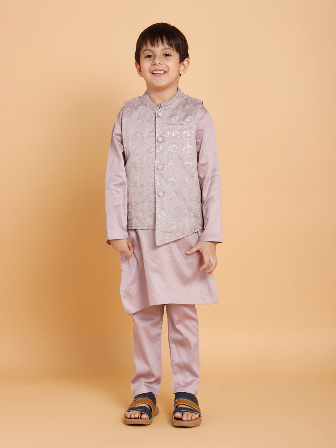 Purple Kurta Pyjama with Jacket (Set of 3)