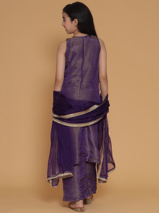 Girls Purple Gold Handwork Tissue Kurta, Pant And Dupatta Set