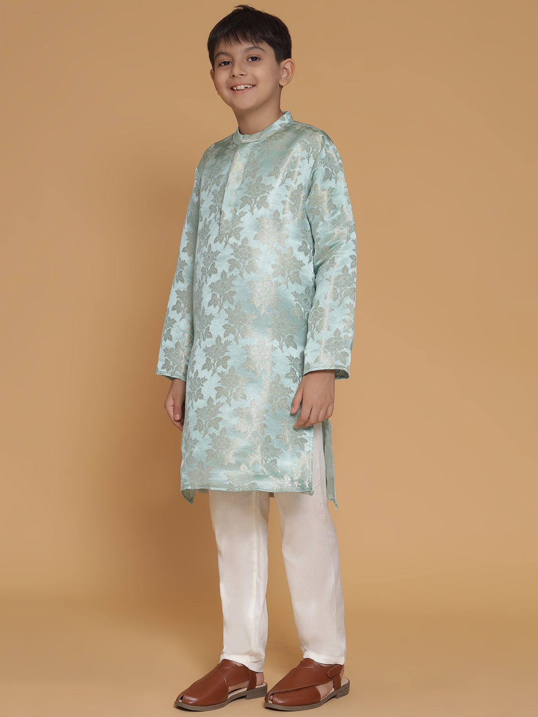 Boys Blue Jacquard Silk Floral Mandarin Collar Kurta With Trousers