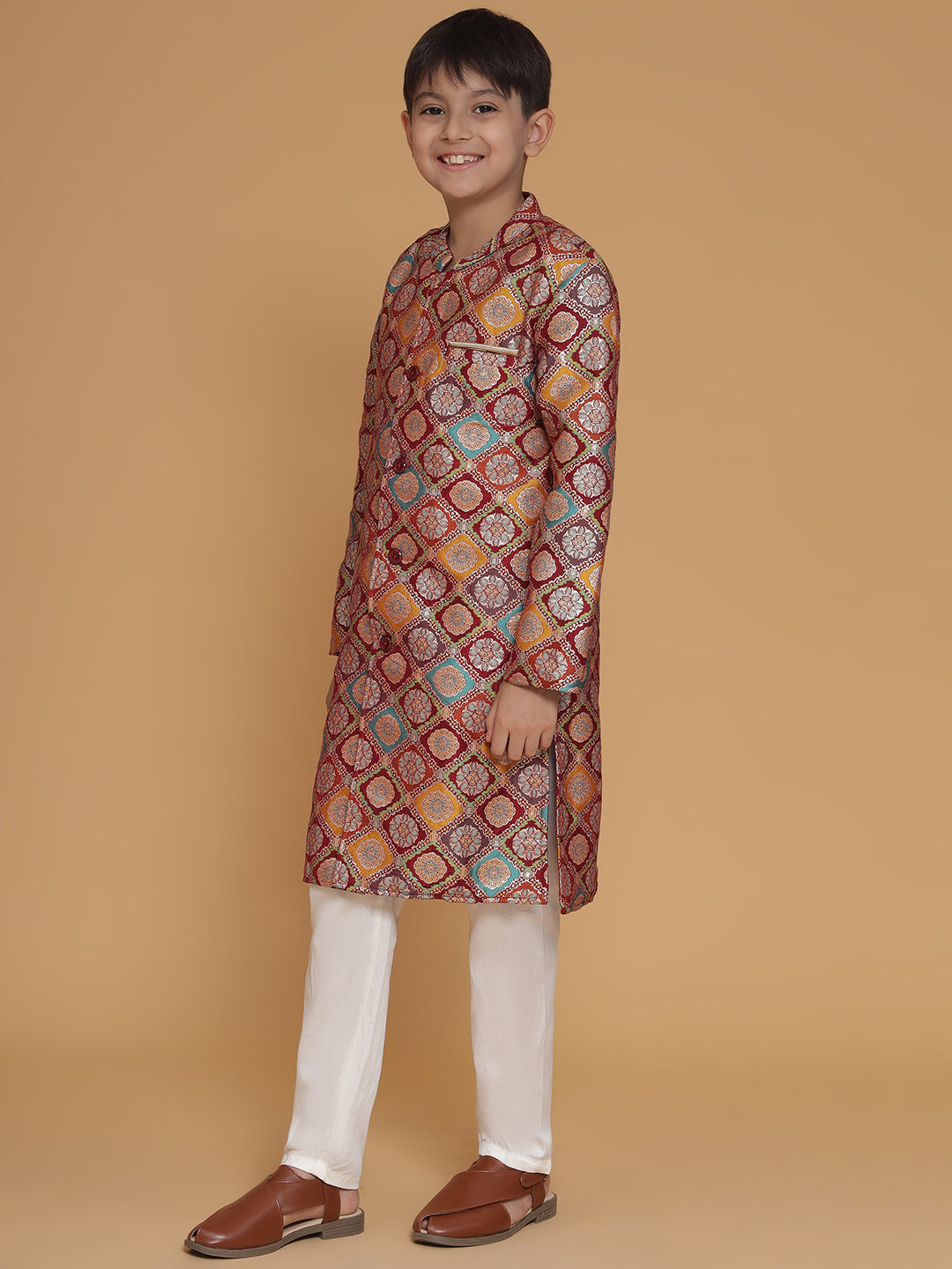 Boys Maroon Jacquard Silk Sherwani And Pyjama Set