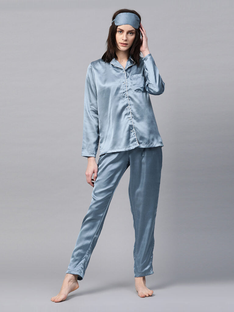 Women Blue Solid Night Suit With Eye Mask