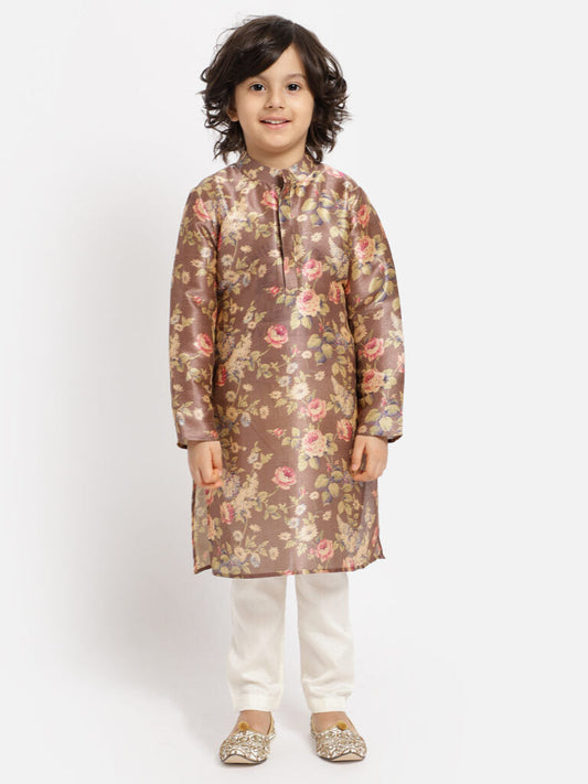 Brown Floral Kurta And White Payjama Set