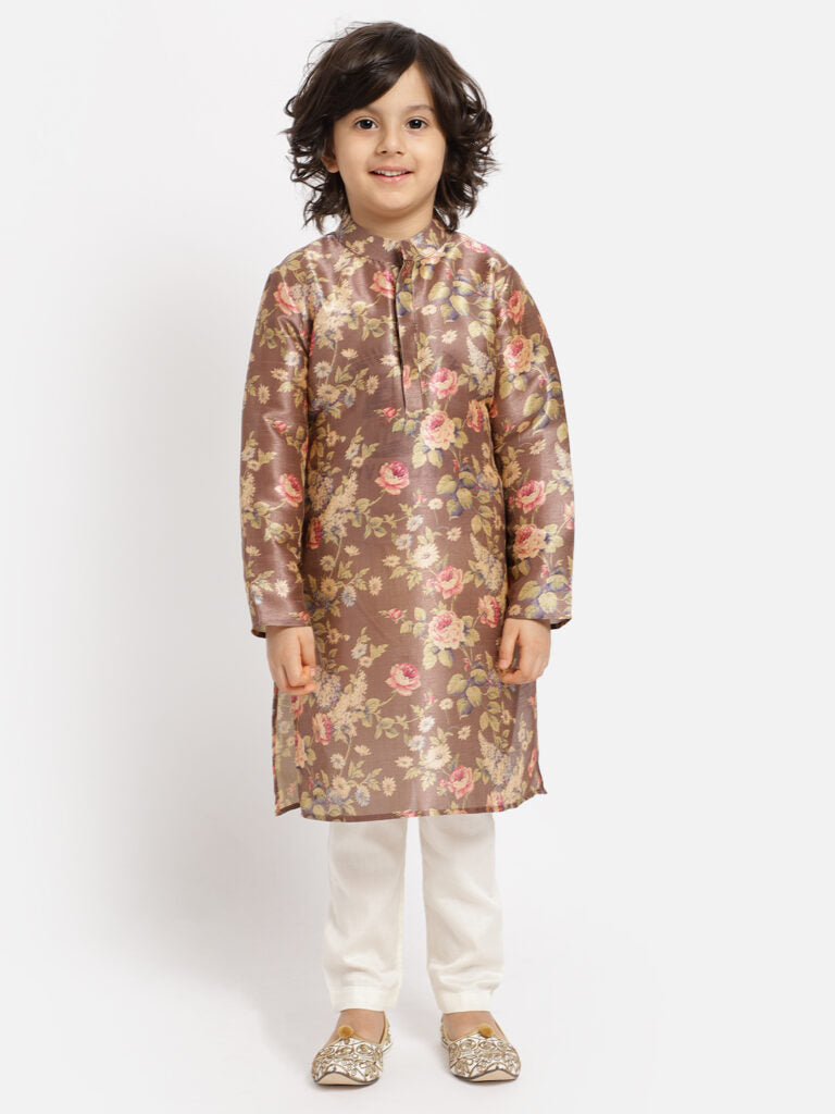 Brown Floral Kurta And White Payjama Set