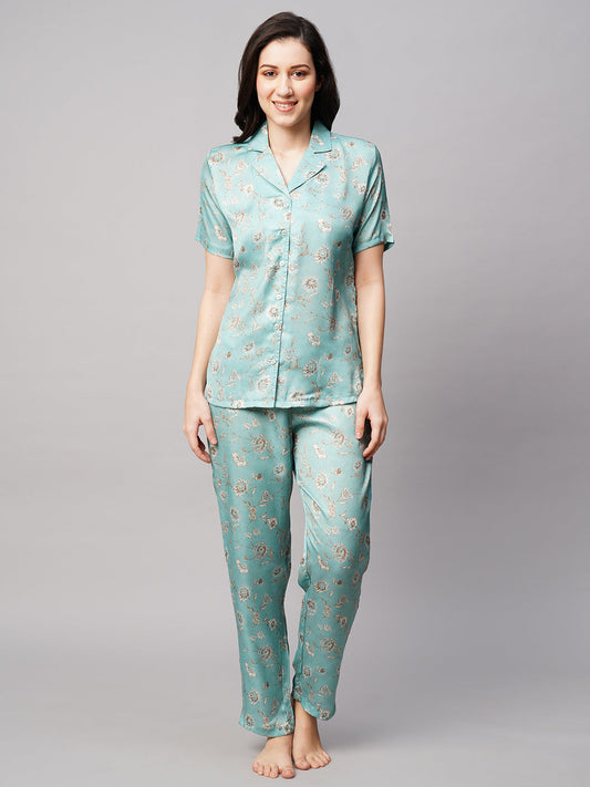 Women 2 Pieces Floral Printed Satin Night suit