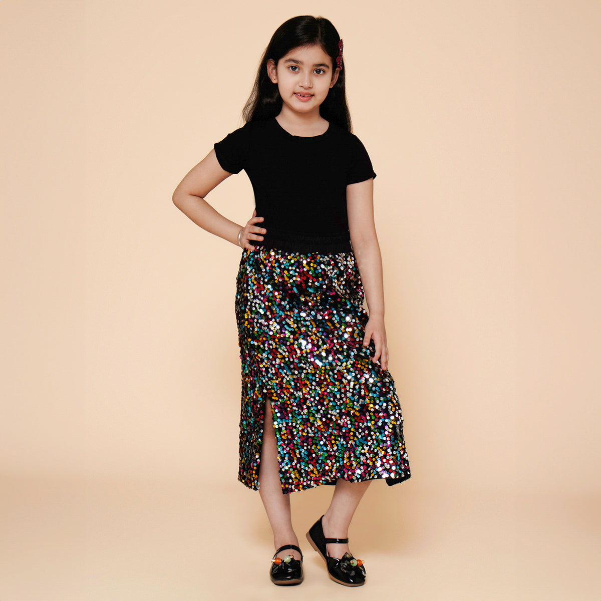 Girls Party Wear Sequinned Skirt & Tee Set