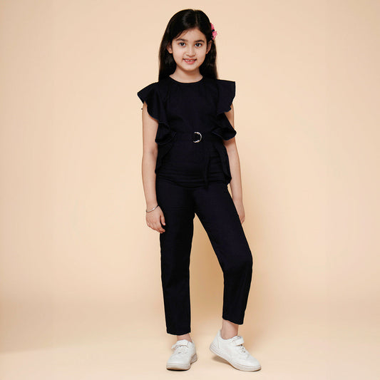 Ruffled Jumpsuit with Belt-Navy Blue