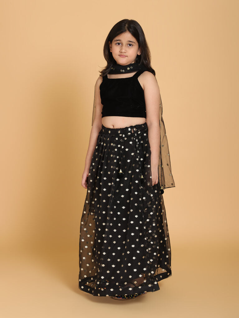 Piccolo - Black Velvet Choli & Lehenga Set With Dupatta - Black