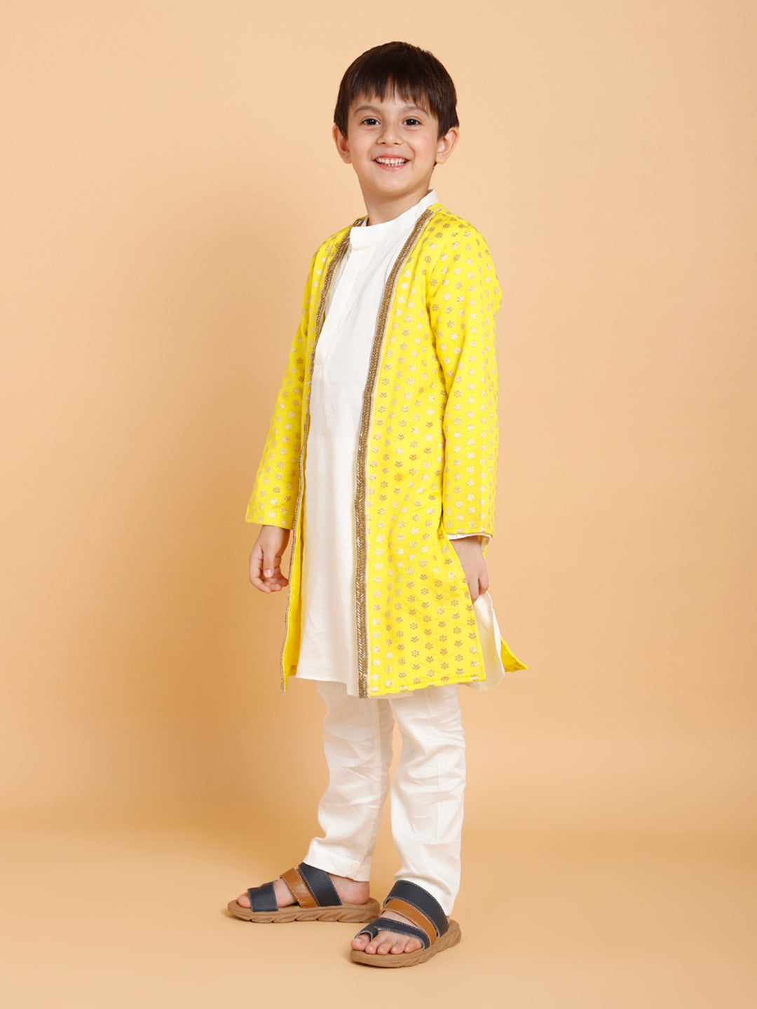 Cream Kurta Pyjama with Yellow Jacket (Set of 3)