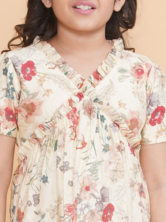 PICCOLO Floral Ruffled Neck Dress- cream