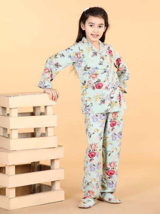 Girls Floral Mint Green Night Suit