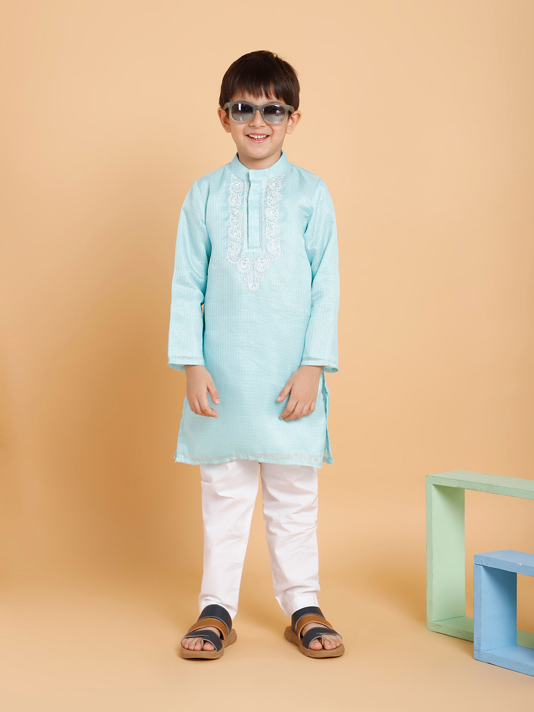Blue Kurta with Embroidery with Pyjama (Set of 2)