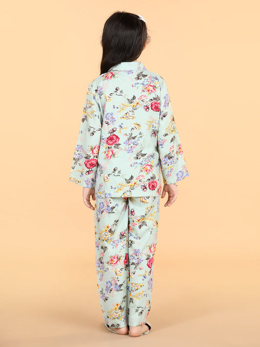 Girls Mint Green Rayon Floral Pyjama Set With Slip Ons