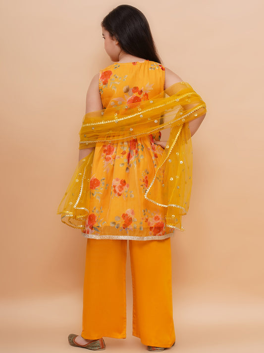 Girls Yellow Floral Organza Kurta And Palazzo Set With Dupatta