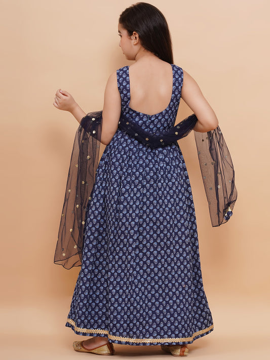 Printed Cotton Long Kurta with and Dupatta Blue