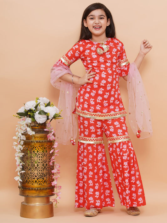 Printed Kurti and Sharara with Dupatta Lace Details Red