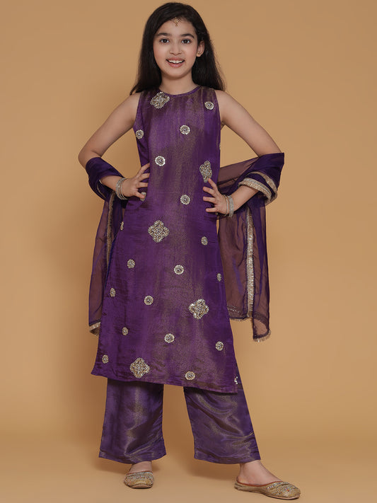 Piccolo- Hand Work Kurta Pant Set With Dupatta- Purple
