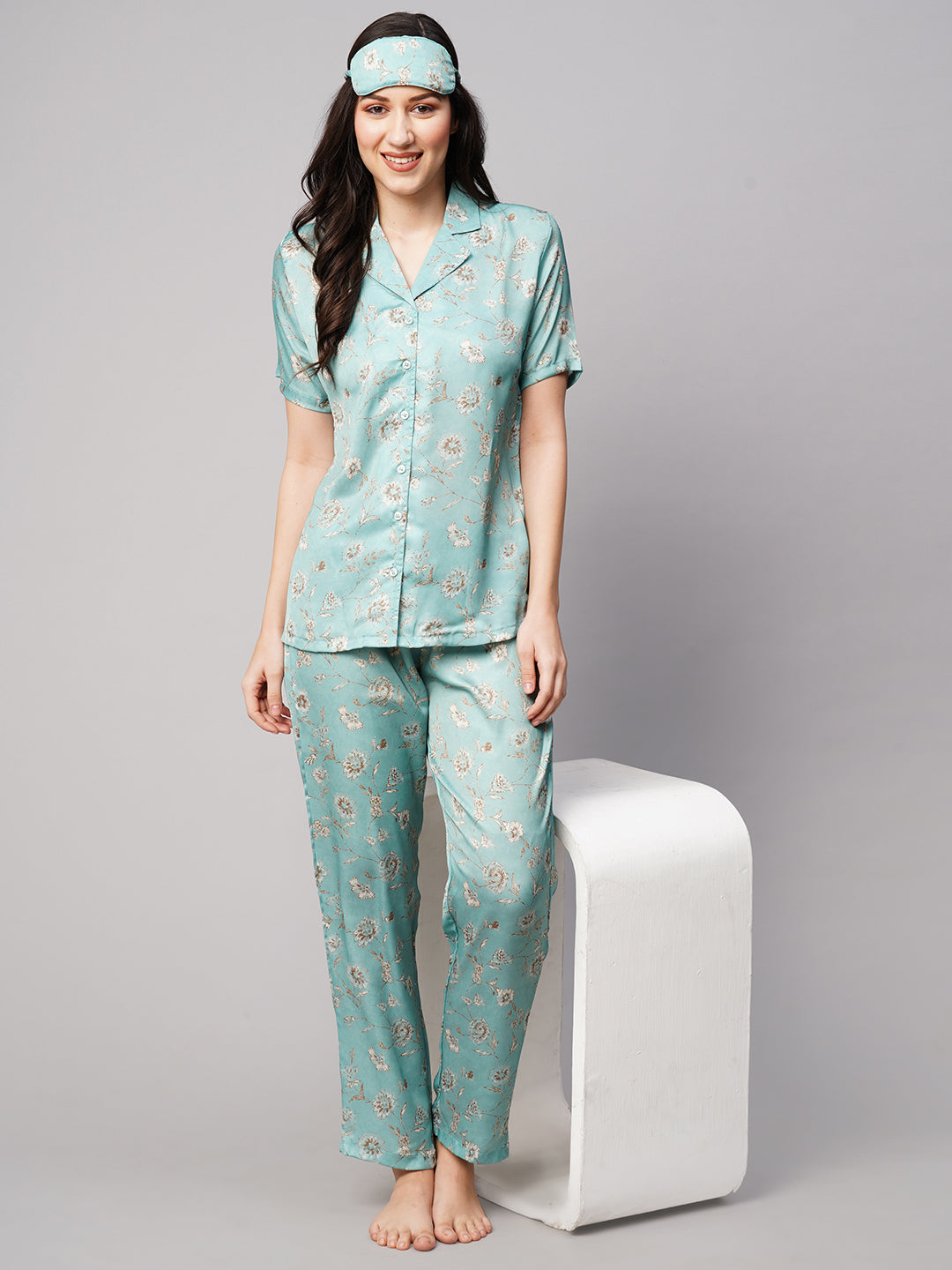 Women 2 Pieces Floral Printed Satin Night suit