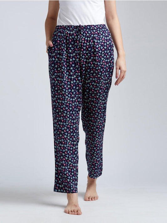 Women Navy Blue & Pink Butterfly Printed Lounge Pants