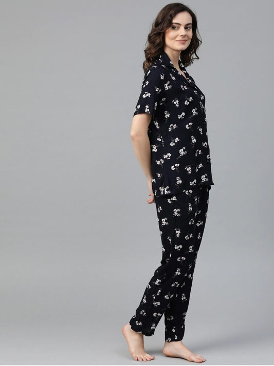 Women Navy Blue & White Printed Night Suit