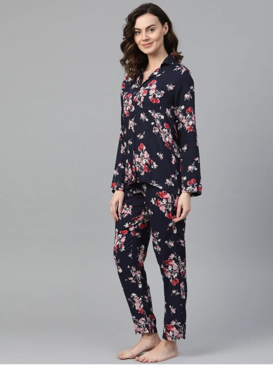 Women Navy Blue & Pink Floral Print Pyjamas Set