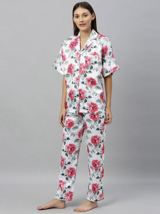 Women 2 Pc White & Red Floral Print Night Suit Set