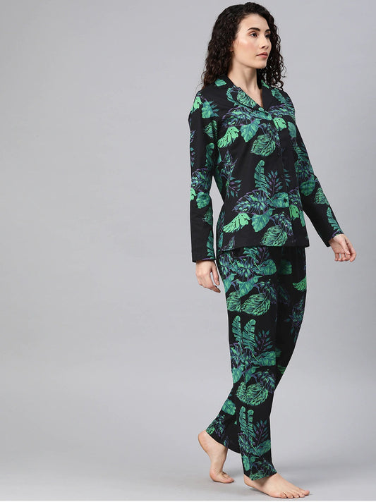 Women Black & Green Tropical Flora Printed Night Suit