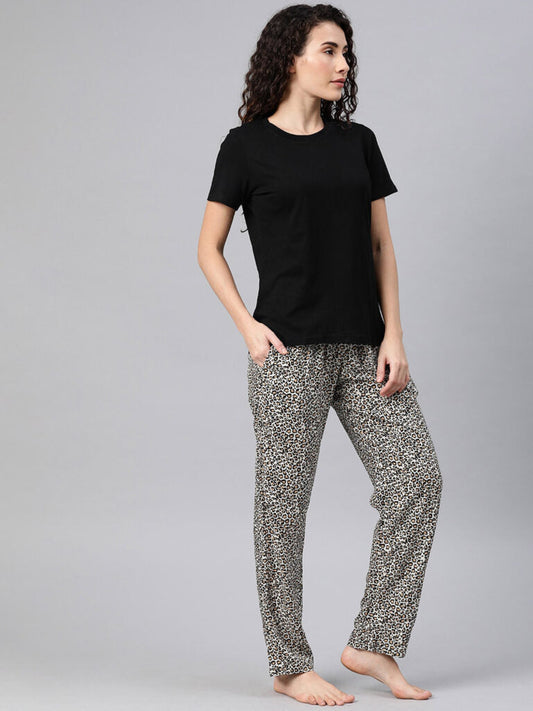 Women Black & Beige Solid Night Suit With Leopard Print Bottomwear