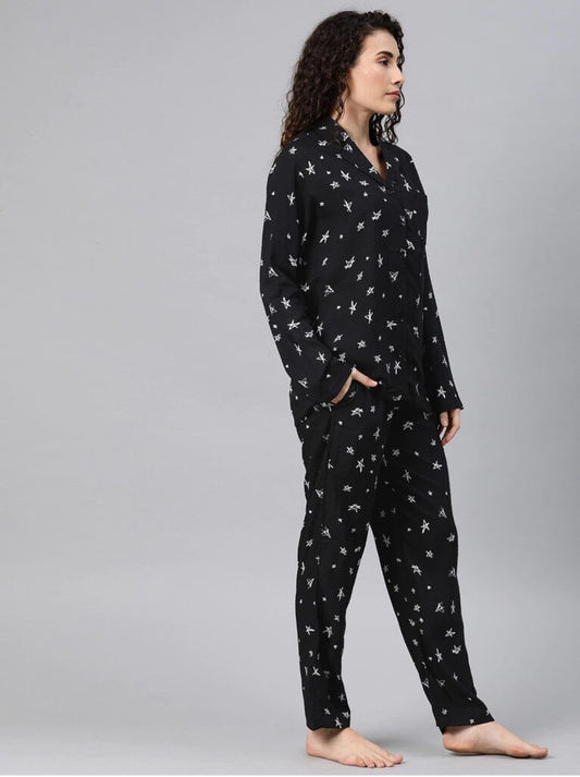 Women Black & White Conversational Printed Night Suit