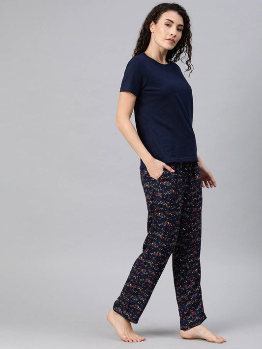 Women Navy Blue Solid Night Suit With Floral Print Bottomwear