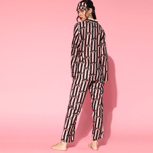 Lapel Collar Striped Printed Night suit