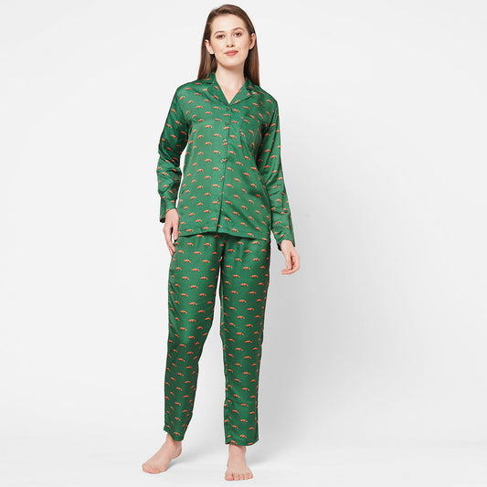 Women Fox Print Satin Night Suit - Green
