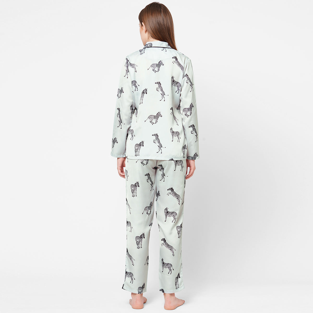 Women Zebra Print Satin Night Suit - Grey