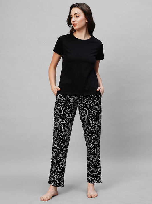 Black Printed Pure Cotton Night suit