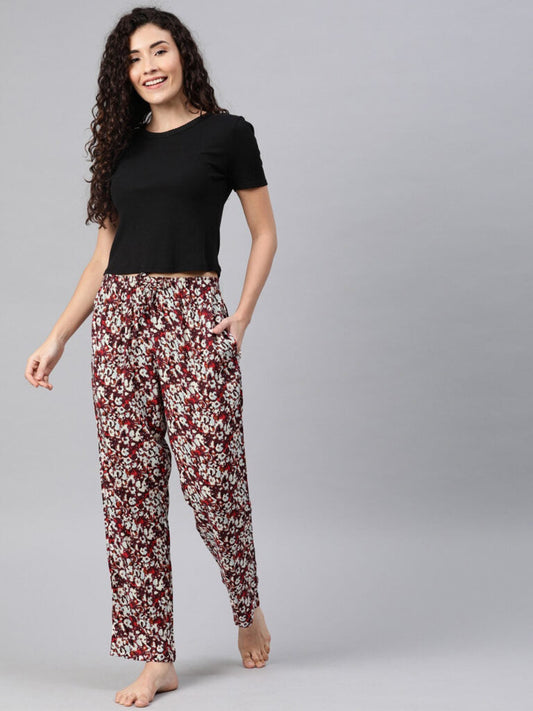Women Maroon & Off-White Printed Relaxed Fit Lounge Pants