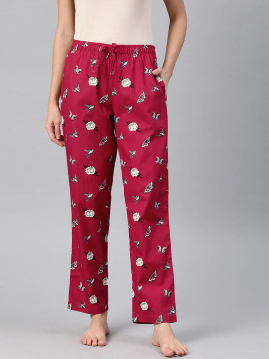 Women Red & White Floral Printed Relaxed Fit Lounge Pants