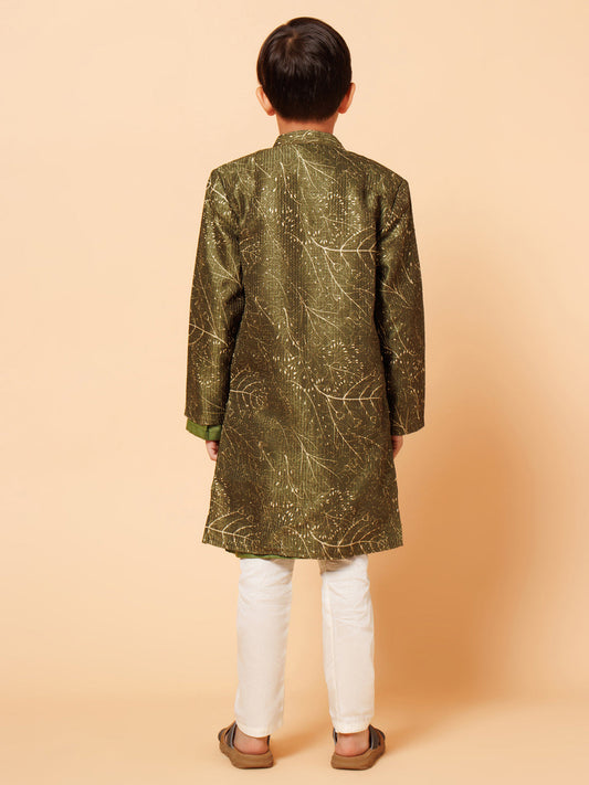 Piccolo Boys Green Kurta Pyjama with Long Printed Jacket set