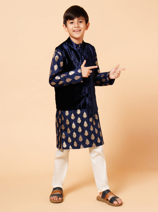 Piccolo Boys Blue Printed Kurta Pyjama with Velvet Jacket set