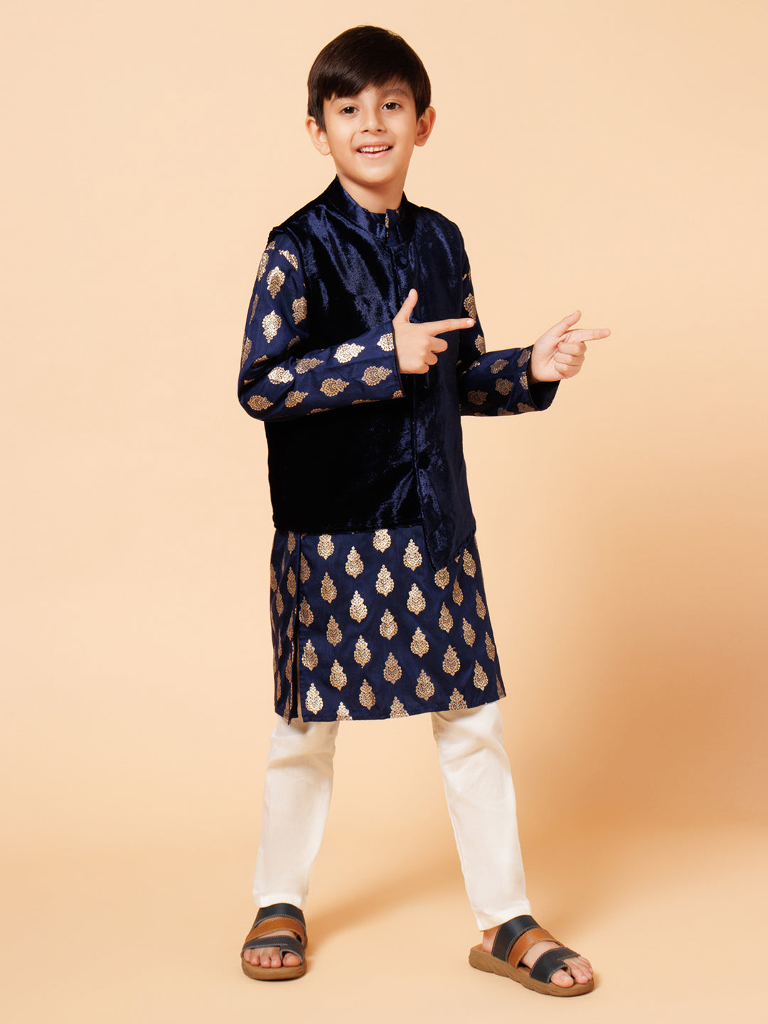 Piccolo Boys Blue Printed Kurta Pyjama with Velvet Jacket set