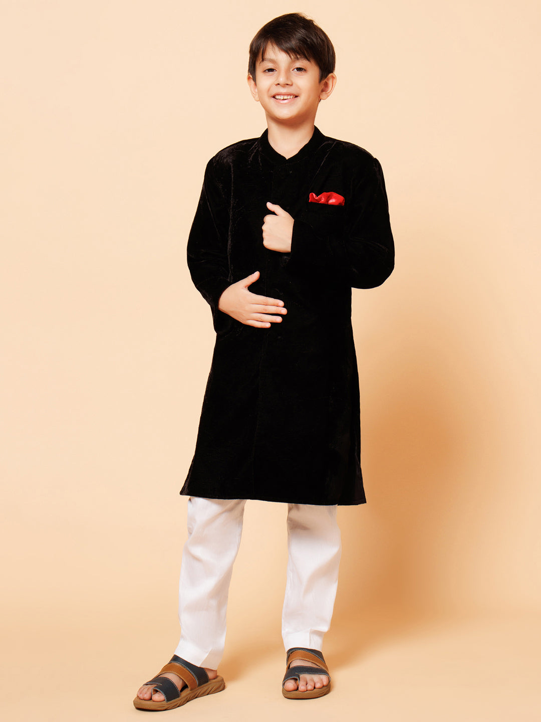 Boys Black Velvet Sherwani & Pyjama Set