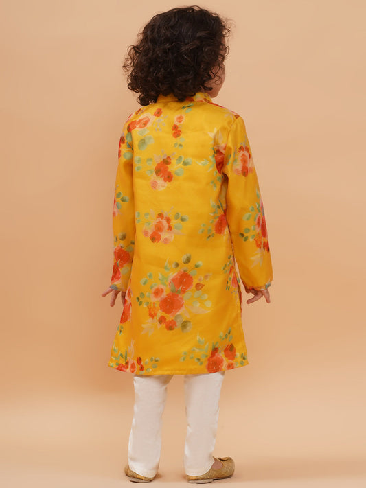 Boys Floral Printed Straight Kurta with Pyjamas