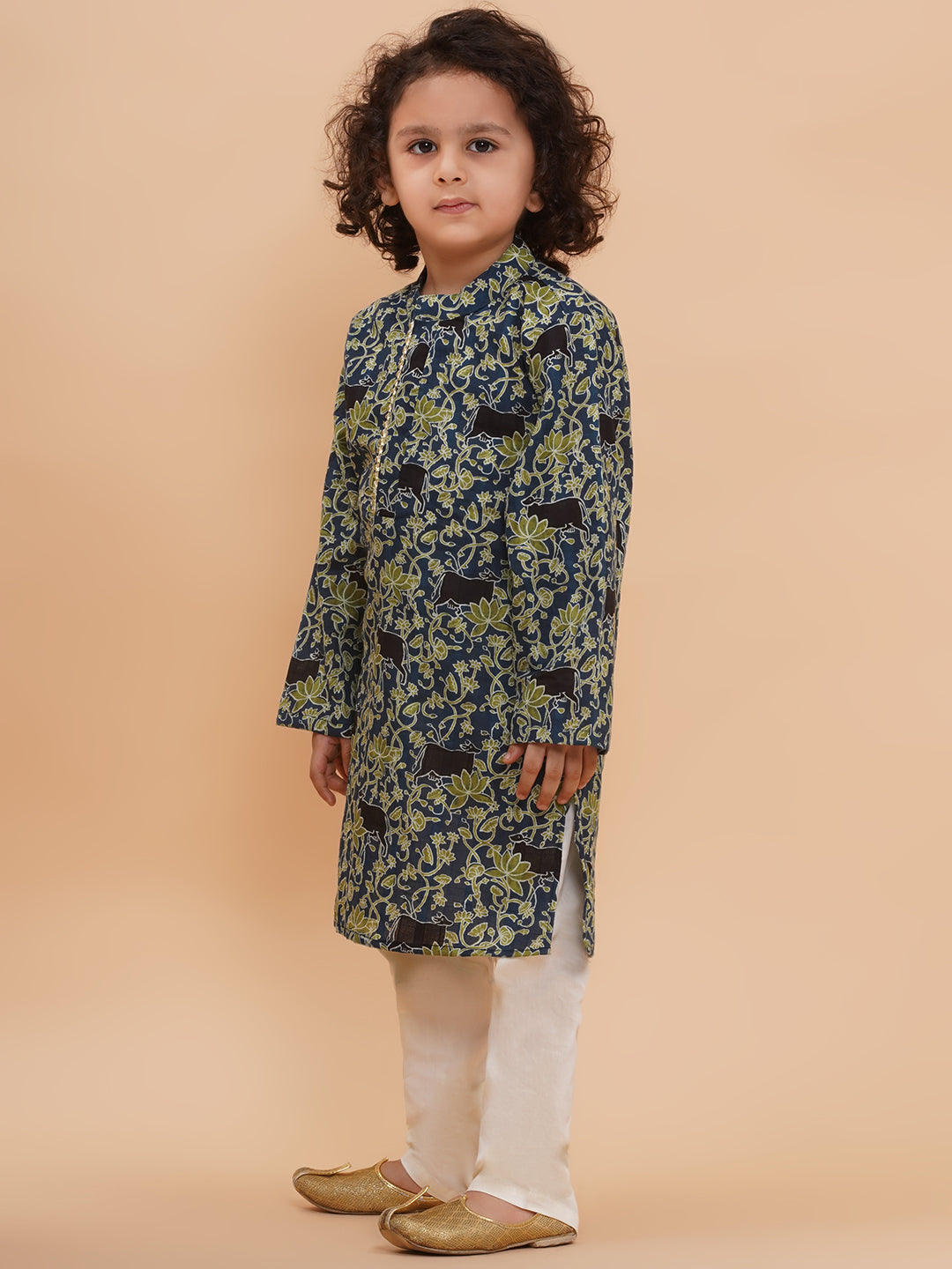 Boys Teal Blue Pure Cotton Floral Printed Kurta And Pyjamas Set