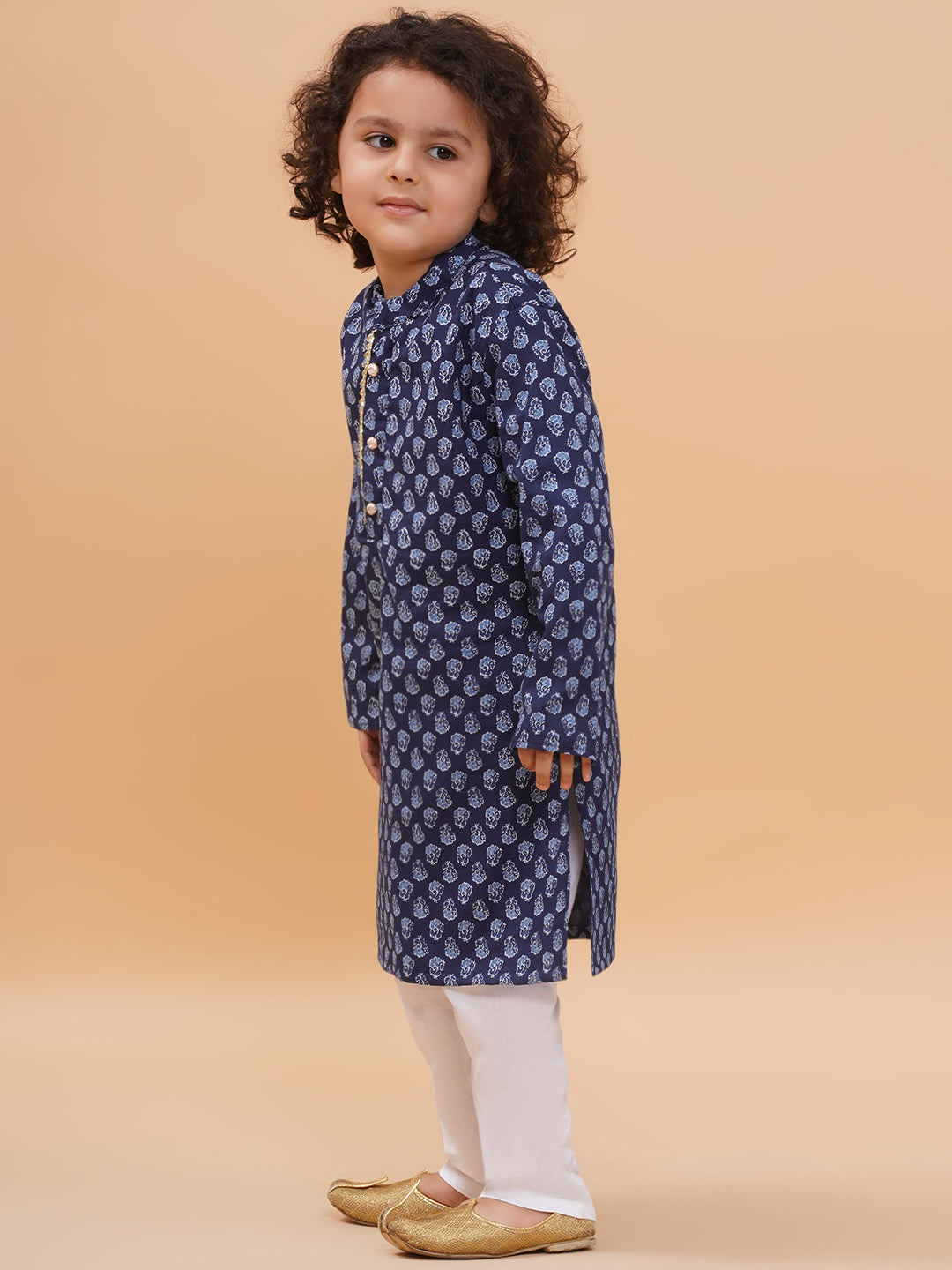 Boys Navy Blue Pure Cotton Floral Printed Kurta And Pyjamas Set