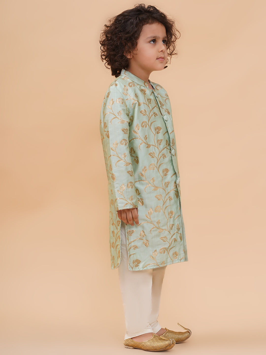 Boys Mint Green Pure Silk Gold Floral Motif Sherwani And Pyjamas Set
