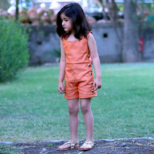 Solid Sleeveless Orange Romper