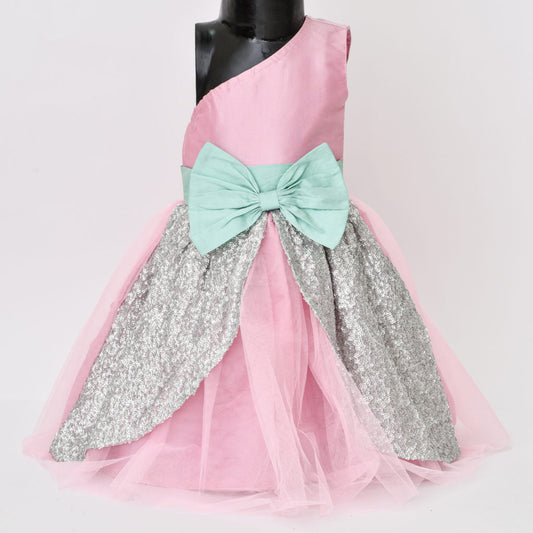 Girls Pink Bow Appliqué Sequin One Shoulder Dress
