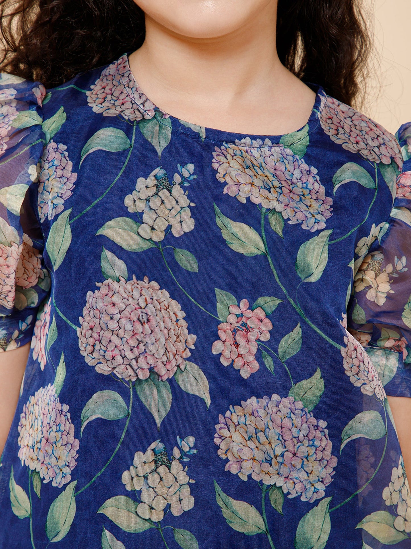 Girls Floral Printed Round Neck Puff Sleeve Gathered Tiered A-Line Dress