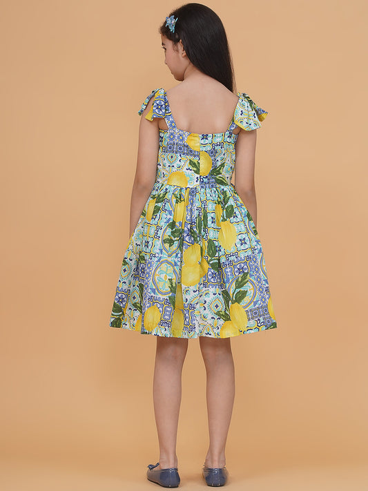 PICCOLO Shoulder Knot Lemon Printed Dress
