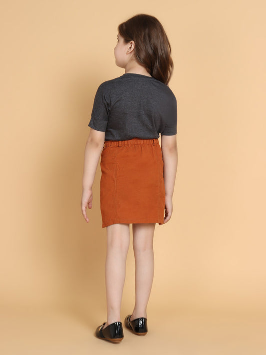 Girls Grey Solid T-Shirt And Rustic Corduroy Skirt Set