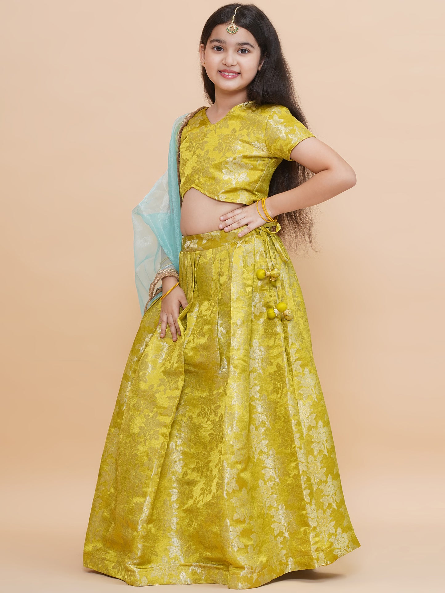 Girls Lime Green Jacquard Brocade Silk Floral Lehenga Set With Tissue Dupatta