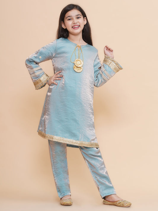 Piccolo-Silk Kurti And Pants With Tissue Dupatta -  Blue